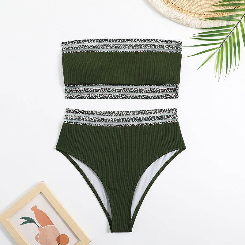 Split Swimsuit Leopard Splicing Strapless - www.Shopthatapp.com