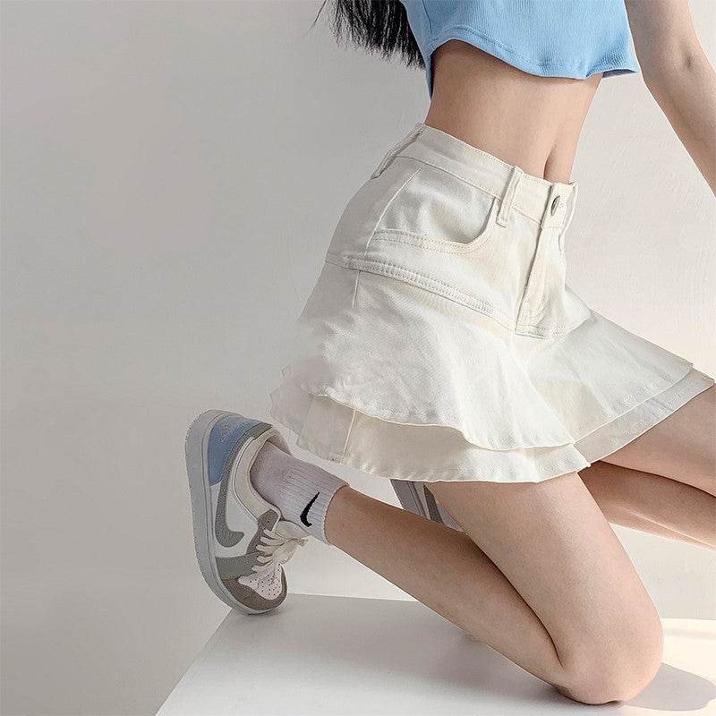 Women's White High Waist flared Mini  Denim Skirt golf skirt - www.Shopthatapp.com