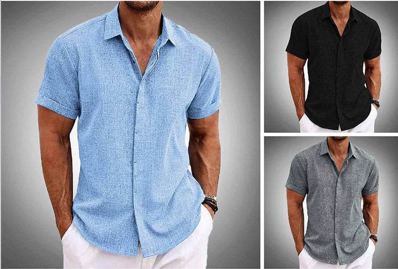 Men's Solid Color Loose Linen Short-sleeved shirt - www.Shopthatapp.com