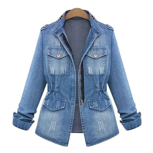 Fitted Zip up Lapel Women Denim Jacket - www.Shopthatapp.com