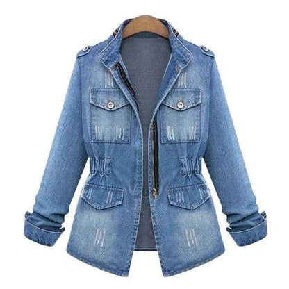 Fitted Zip up Lapel Women Denim Jacket - www.Shopthatapp.com