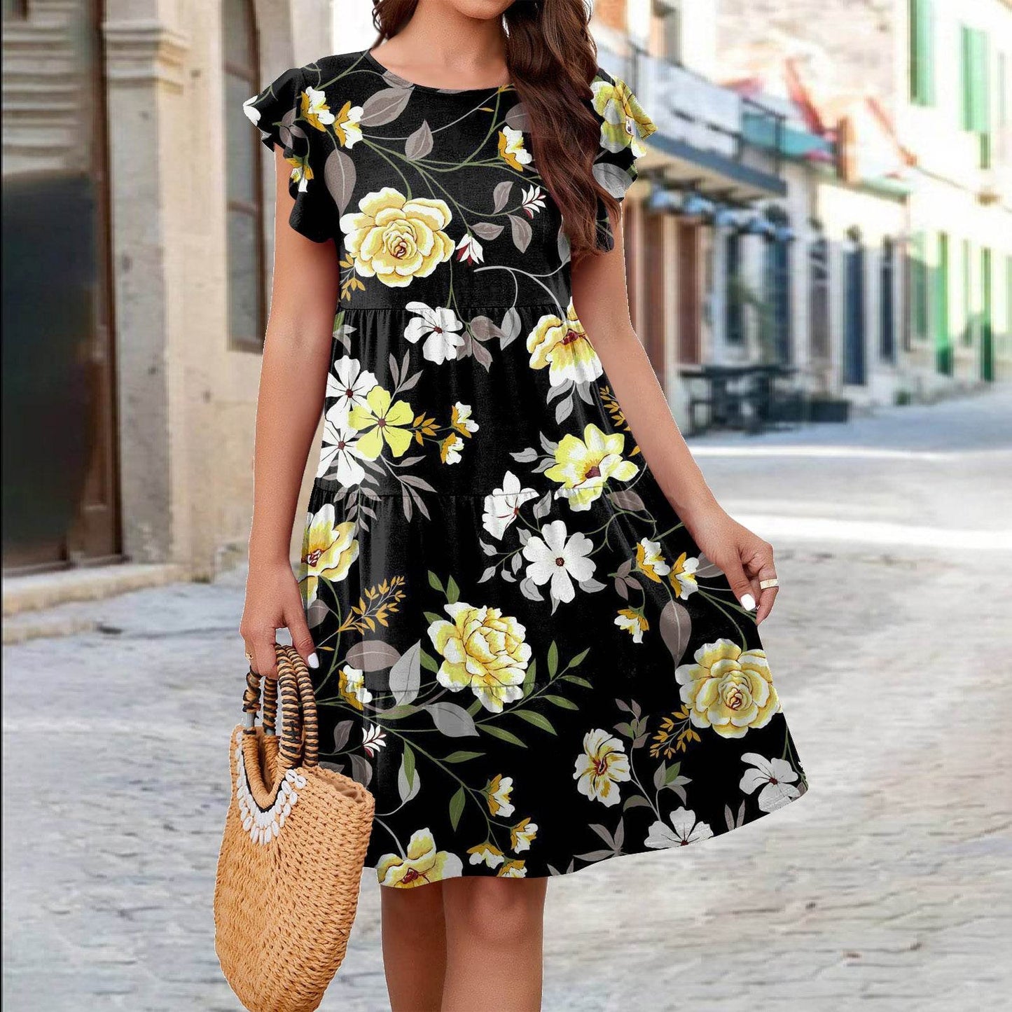 Ruffle Sleeve Dress Summer Loose Flower Print Beach Dresses Sweet Skirt Women - www.Shopthatapp.com
