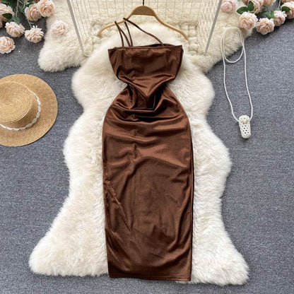 Elegant Women Sleeveless One shoulder Drawstring Satin Dress for Party, Wedding, Cocktail - www.Shopthatapp.com