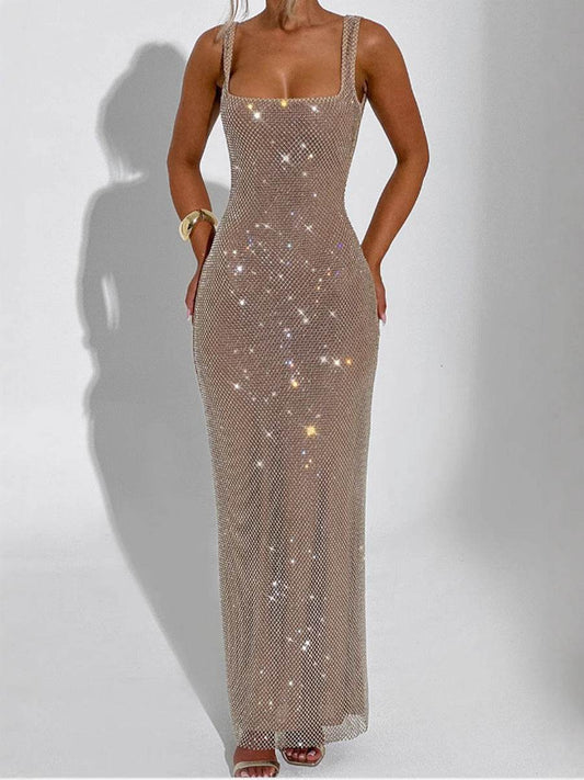 Sleeveless Square neck Suspender Sequined Long Party Dress - www.Shopthatapp.com