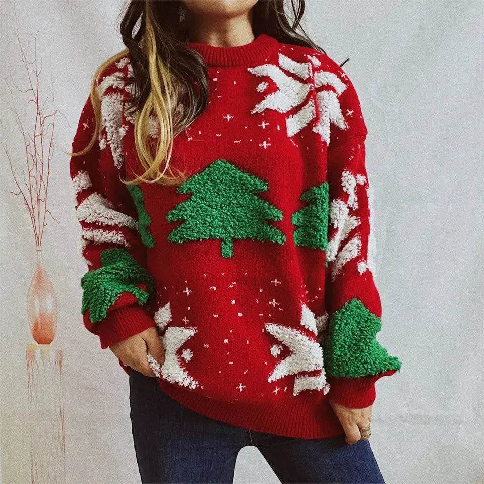 Women's Fashion Christmas Tree Jacquard Round Neck Long Sleeve Pullover Sweater top - www.Shopthatapp.com