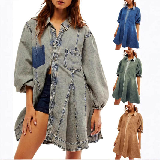 Women's Long Lantern Sleeve Button Denim Dress - www.Shopthatapp.com