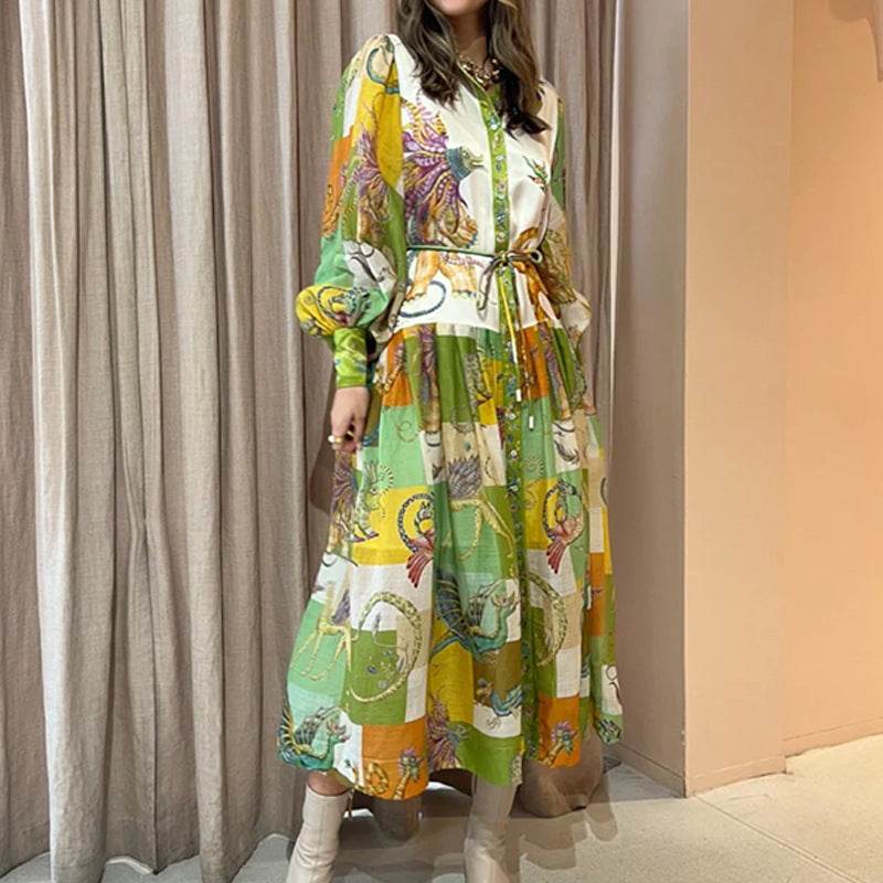 Print Holiday Women Beach Dress With Belts A-Line Long Lantern Sleeve Single Breasted Lapel Seaside Dresses Robe - www.Shopthatapp.com
