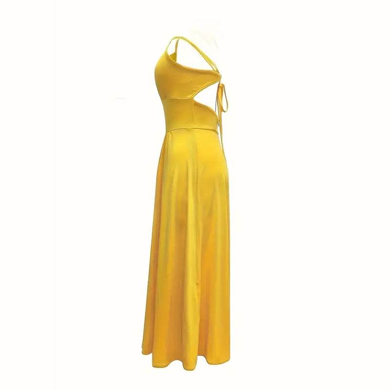 Elegant V Neck Summer Maxi Slit Dress Spaghetti Strap High Slit Long Dress - www.Shopthatapp.com