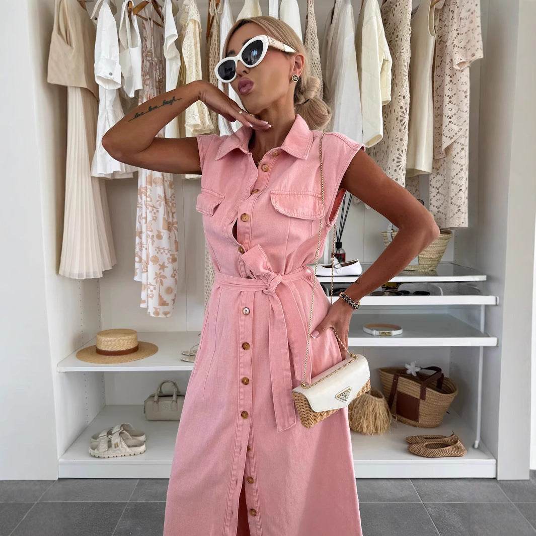 Elegant Lapel Single Breasted Button down Denim Midi Dress Tie belt Split Jeans Dress - www.Shopthatapp.com