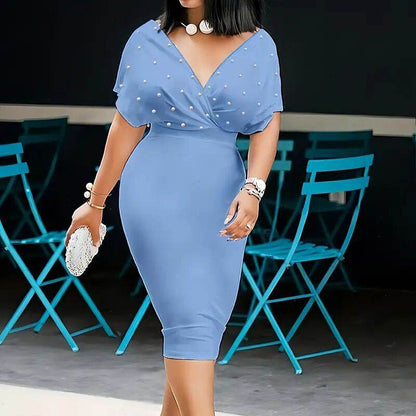 Women's Back Zipper dress Elegant Deep V Neck Wrap Bodycon Dress Pencil Midi Dress - www.Shopthatapp.com