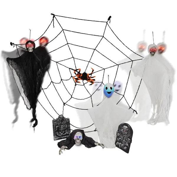 Outdoor Halloween Decorations 8-Piece Set, Hanging Ghosts Decor And Cobweb And Gravestone With Lighted Up Eyes, Scary Swinging Ghost Flying For Yard Patio Lawn Garden - www.Shopthatapp.com