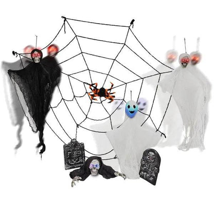 Outdoor Halloween Decorations 8-Piece Set, Hanging Ghosts Decor And Cobweb And Gravestone With Lighted Up Eyes, Scary Swinging Ghost Flying For Yard Patio Lawn Garden - www.Shopthatapp.com