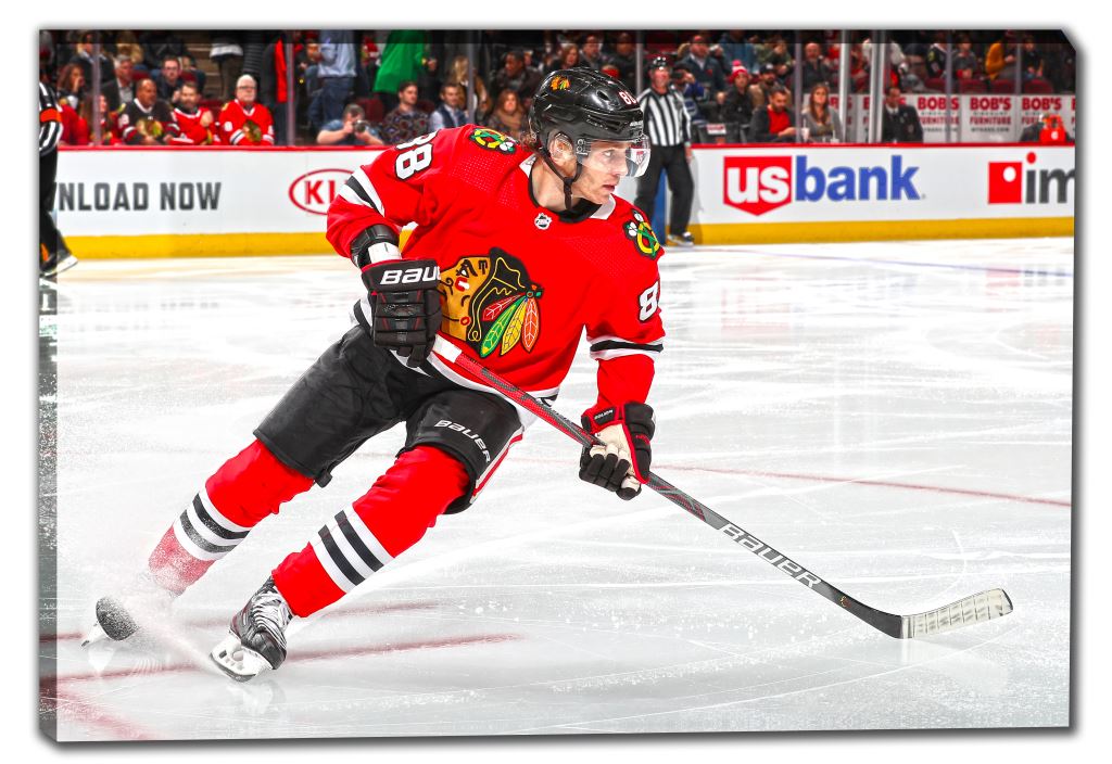 Patrick Kane 20x29 Framed Canvas Blackhawks Red-H Skating - www.Shopthatapp.com