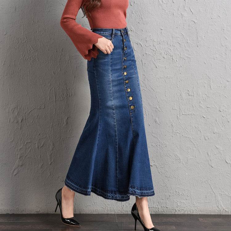 New Fashion Fitted Button up Mermaid Midi Denim Skirt - www.Shopthatapp.com