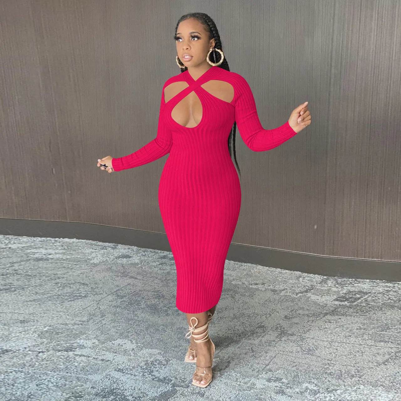 Chic V-neck Long Sleeve  Midi  Party Club Bodycon Pencil Dress - www.Shopthatapp.com