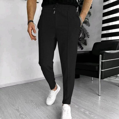 Men's Casual Fashion Waffle High Waist Drawstring Elastic fitted straight leg Pant
