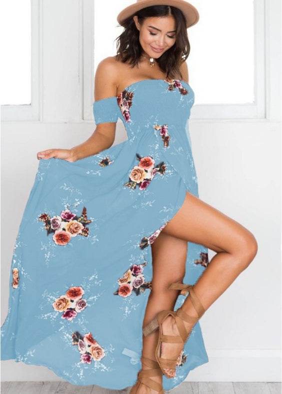 Elegant Ladies Summer Boho Vacation Resort Slit Maxi dress off shoulder Long floral Beach summer slit dress - www.Shopthatapp.com