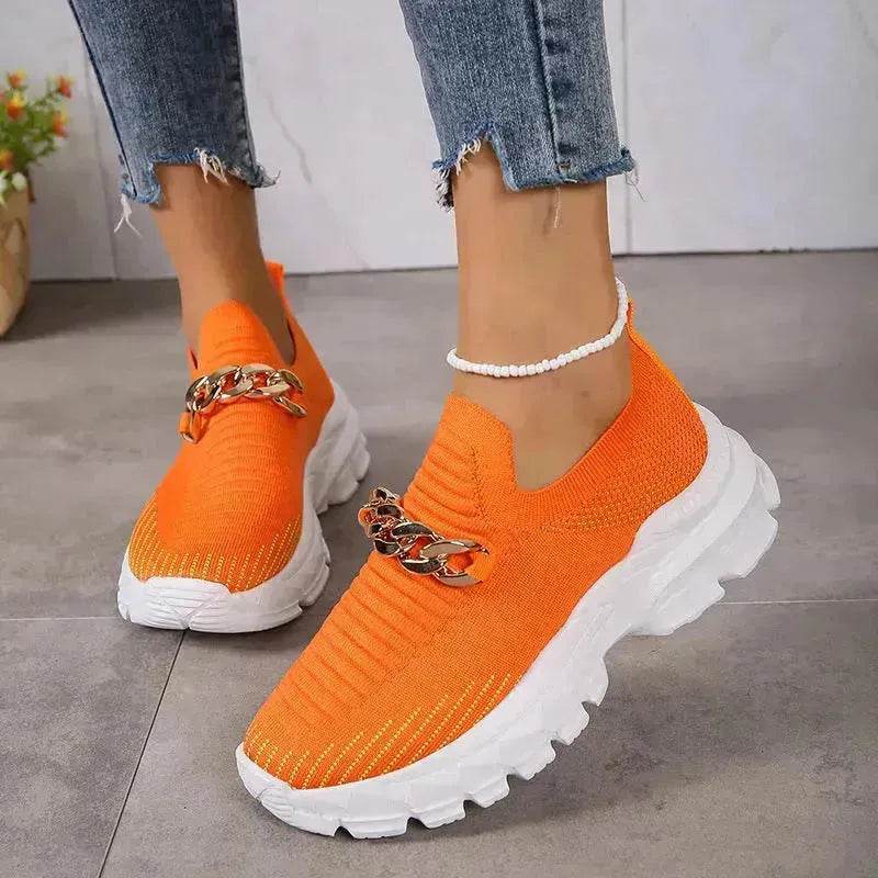 Fashion Chain Design Mesh Shoes For Women Breathable Casual Soft Sole Walking Sock Slip On Flat Chunky Sneakers Shoes for Women - www.Shopthatapp.com