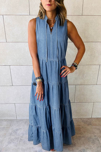 Women's Sleeveless Denim Fashion Retro High Waist Layered Dress - www.Shopthatapp.com