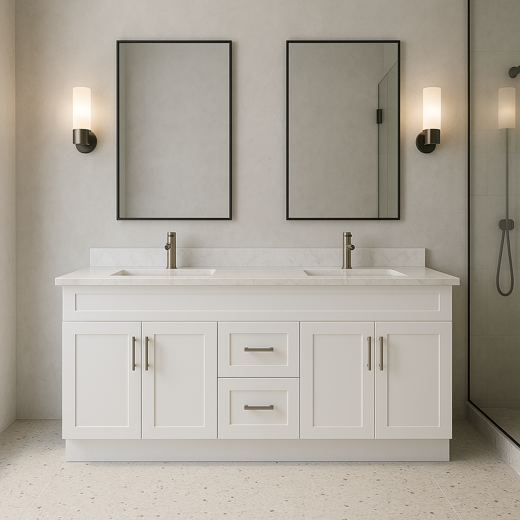 60-Inch Double Sink Shaker Bathroom Vanity — White or Gray | Plywood Cabinet, Solid-Wood Doors, Soft-Close 3-Way Clip-On Hinges | Center Drawers - www.Shopthatapp.com