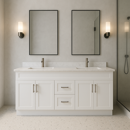 60-Inch Double Sink Shaker Bathroom Vanity — White or Gray | Plywood Cabinet, Solid-Wood Doors, Soft-Close 3-Way Clip-On Hinges | Center Drawers - www.Shopthatapp.com