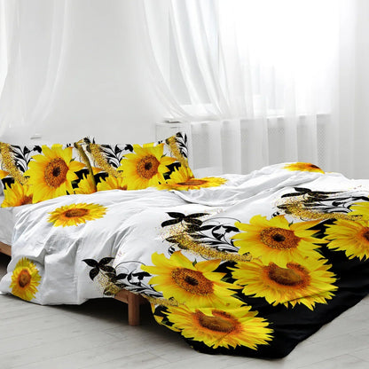 3 Pieces Black And White Background Sunflower Duvet Cover Set Yellow Flower Polyester Bedding Set For Adults Bedroom Decor Twin Full Queen King Size - www.Shopthatapp.com
