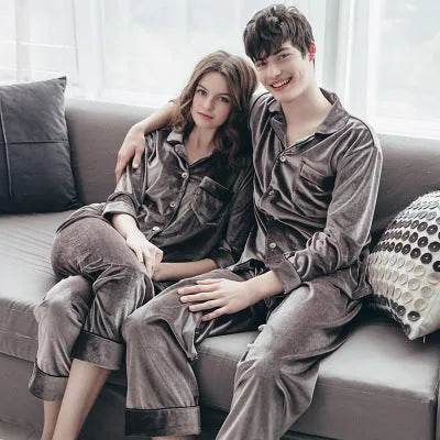 2pcs Couple Gold Velvet Long Sleeve Pajamas set - www.Shopthatapp.com