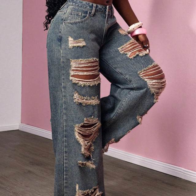 Women's Retro Distressed Kimchi Wide-leg Jeans - www.Shopthatapp.com