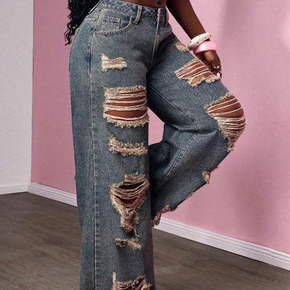 Women's Retro Distressed Kimchi Wide-leg Jeans - www.Shopthatapp.com
