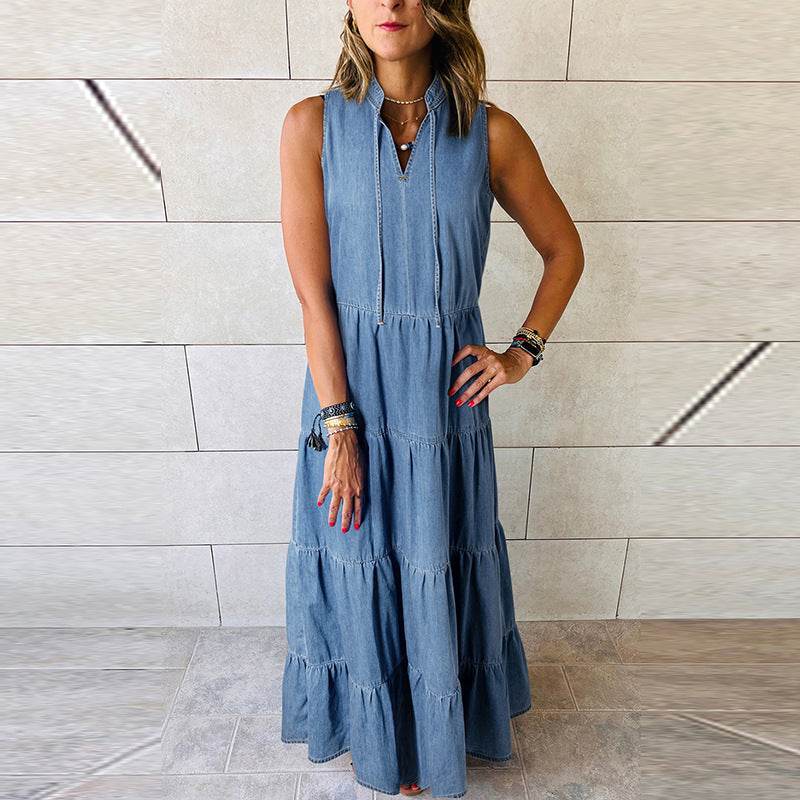 Women's Sleeveless Denim Fashion Retro High Waist Layered Dress - www.Shopthatapp.com