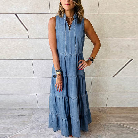 Women's Sleeveless Denim Fashion Retro High Waist Layered Dress - www.Shopthatapp.com