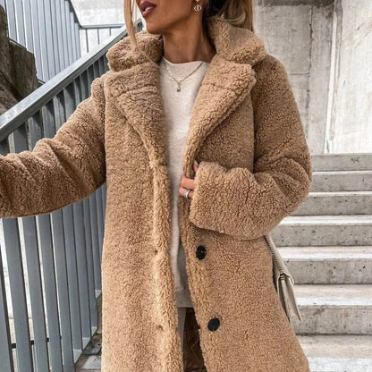 Buy Women's Long-sleeved Lapel Plush Fleece sherpa button Long Winter Overcoat - www.Shopthatapp.com