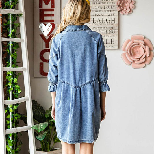 Three-quarter Sleeve Denim Dress Women's Casual Ruffles - www.Shopthatapp.com