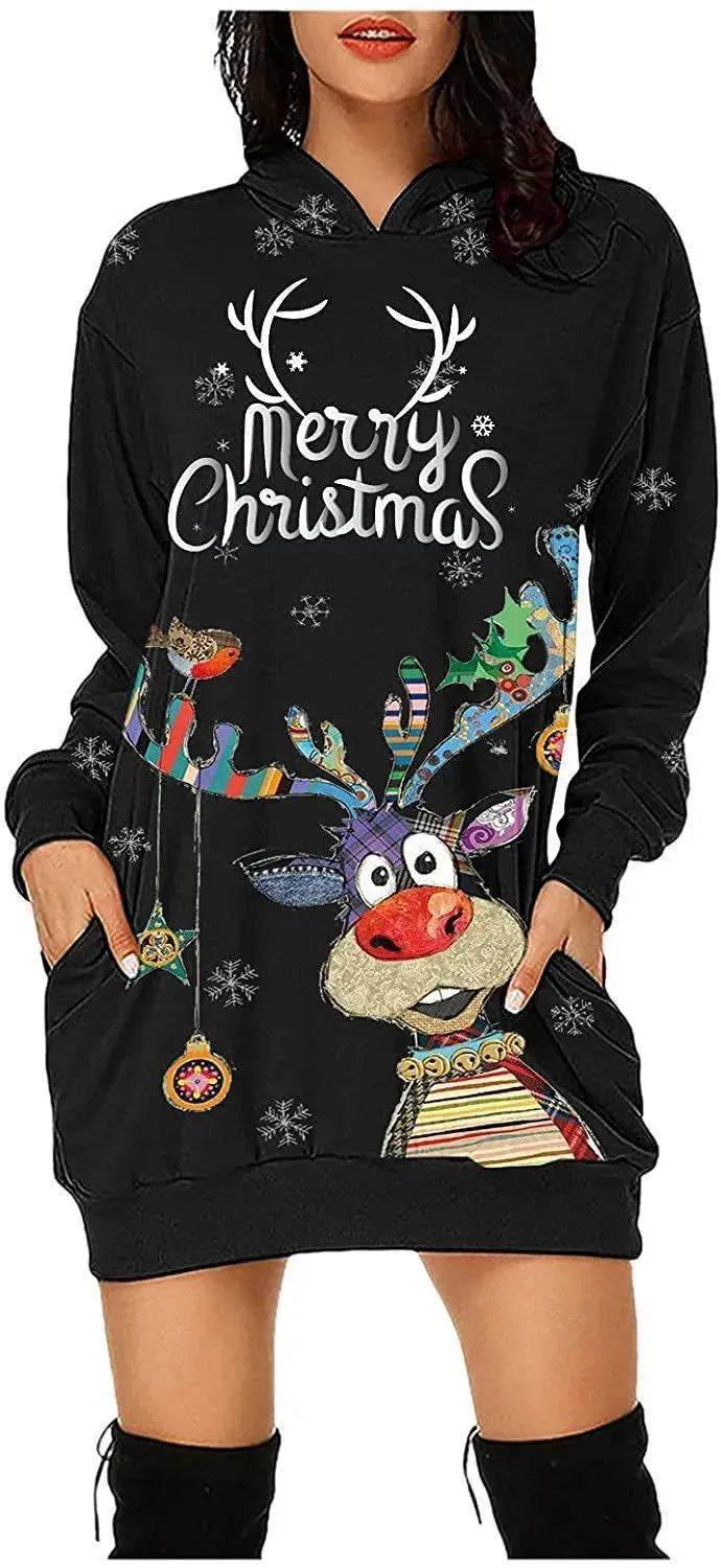 Women's Long-sleeved Christmas Hoodie Sweatshirt Dress Winter - www.Shopthatapp.com