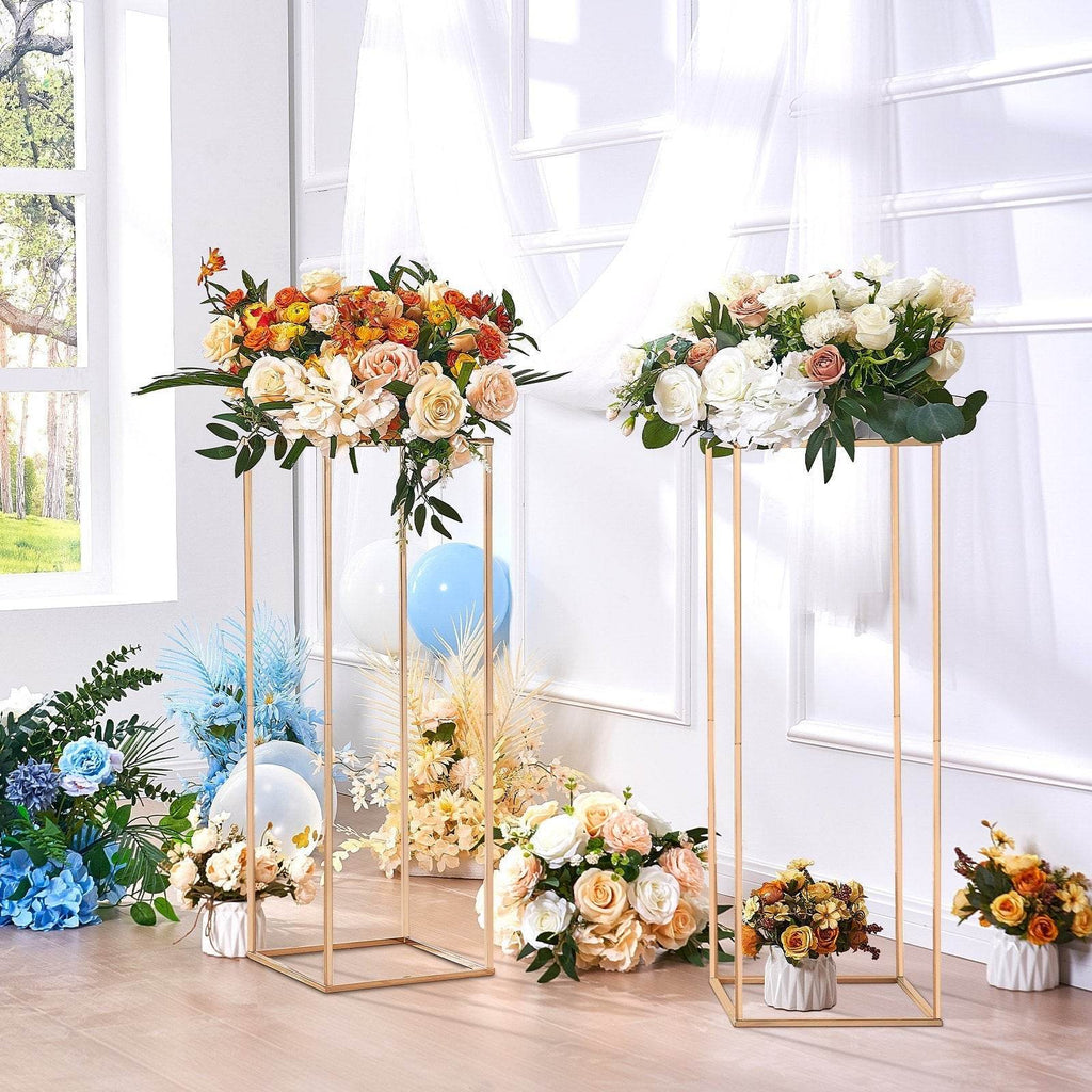 10PCS 31.5inch High Wedding Flower Stand, With Acrylic Laminate,Metal Vase Column Geometric Centerpiece Stands, Gold Rectangular Floral Display Rack For Events Reception, Party Decoration - www.Shopthatapp.com