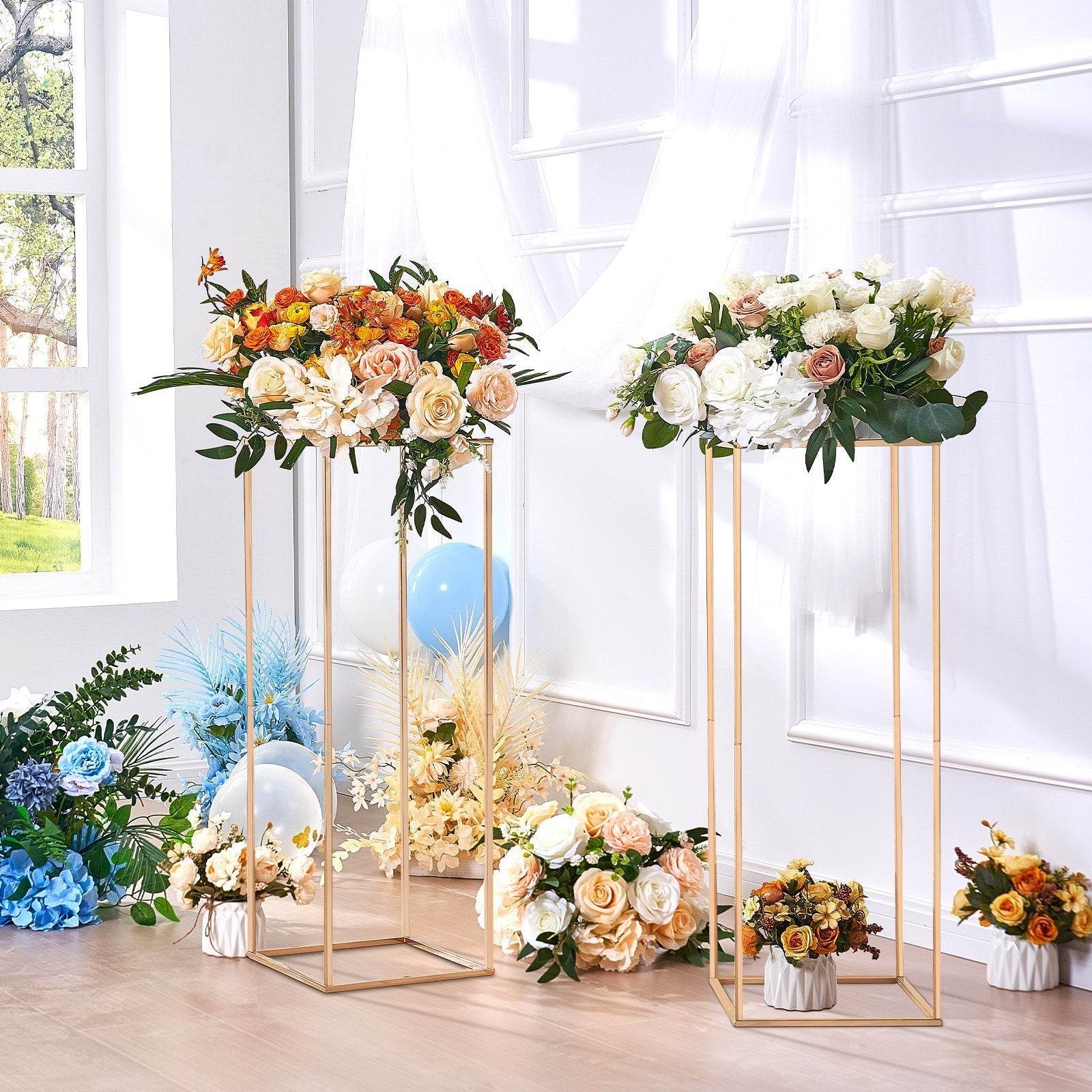 10PCS 31.5inch High Wedding Flower Stand, With Acrylic Laminate,Metal Vase Column Geometric Centerpiece Stands, Gold Rectangular Floral Display Rack For Events Reception, Party Decoration - www.Shopthatapp.com