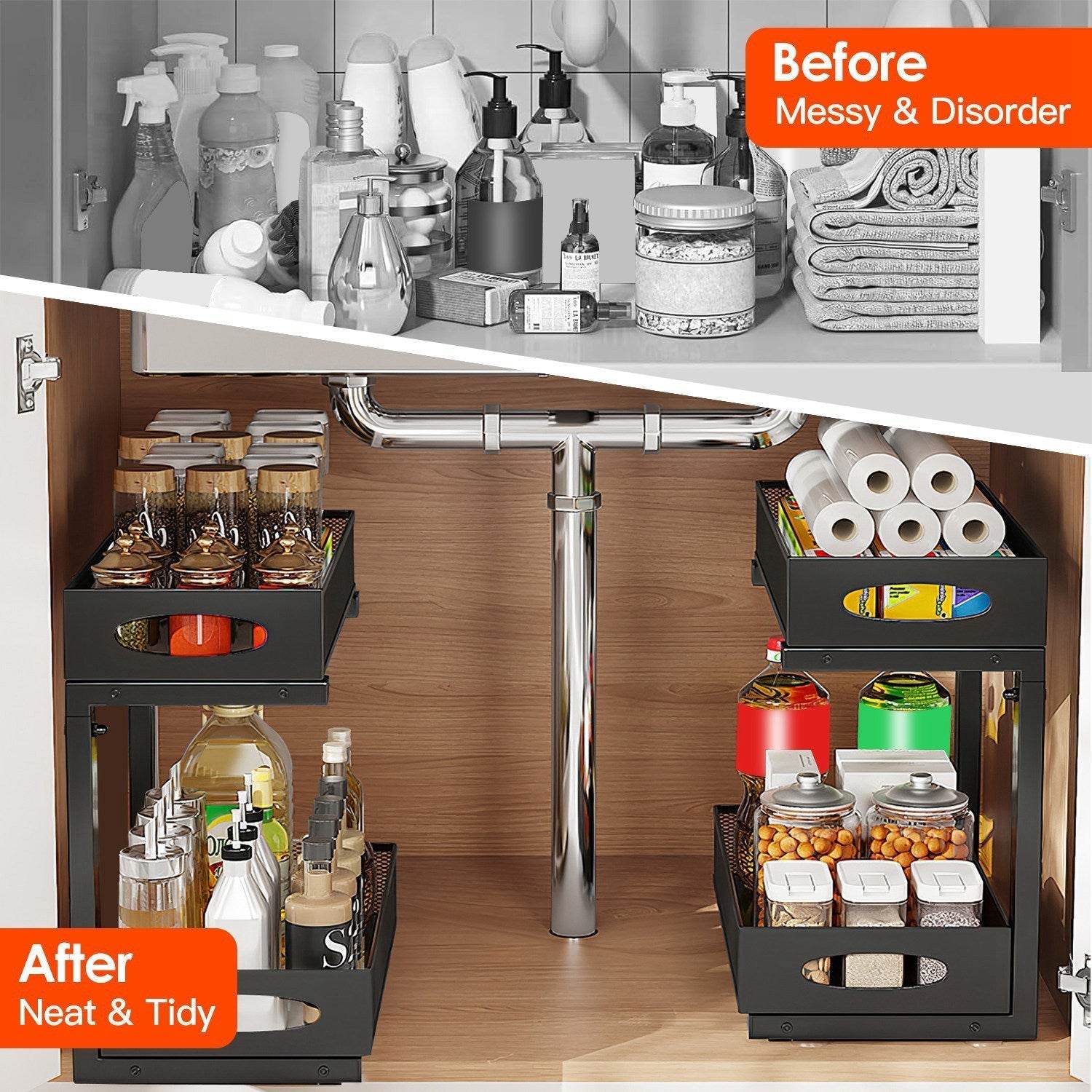 2Pcs Under Sink Organizer 2 Tier Pull Out Cabinet Baskets Storage Shelf Sliding Storage Drawers Rack With 5 Adjustable Height Mesh Baskets For Home Kitchen Bathroom Office - www.Shopthatapp.com