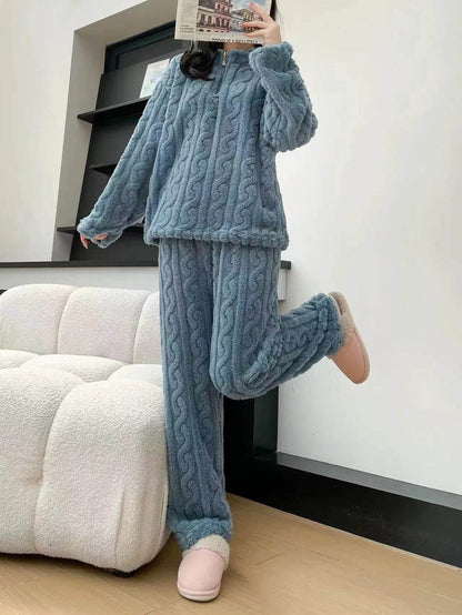 Autumn And Winter New Twist Zipper Couple Fleece-lined Thick Coral Fleece Pajamas Homewear Loungewear Sleepwear For Sleeping - www.Shopthatapp.com