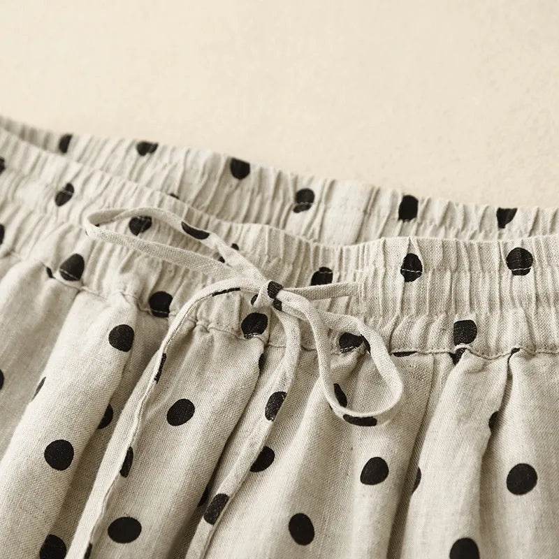 Cotton Hemp Polka Dots Tied Elastic Waist Harem wide go lneg trouser Pants For Women - www.Shopthatapp.com