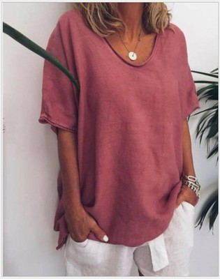 Spring Summer Loose Short Sleeves cotton linen blouse top Women Summer Tops - www.Shopthatapp.com