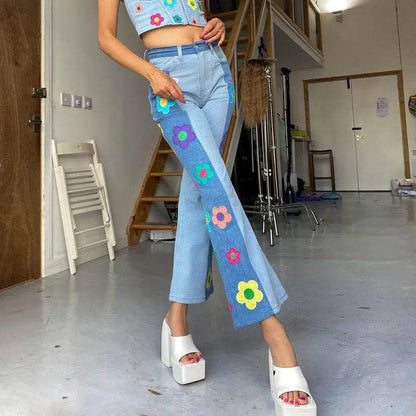Women's Fashion Pattern Colorblock Bootcut Jeans - www.Shopthatapp.com