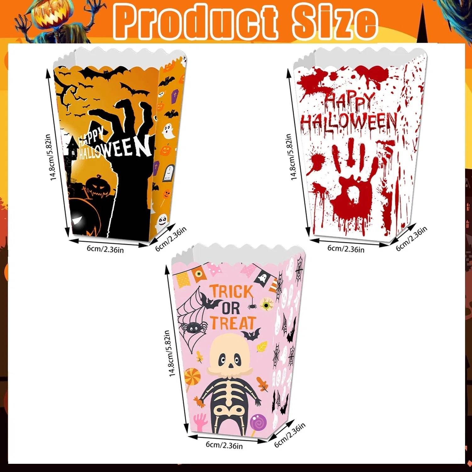 12Pcs Halloween Popcorn Box 3 Style Trick Or Treating Snack Treat Box Bloodstain Ghost Castle Bat Pattern Candy Cookie Container For Halloween Party Supplies - www.Shopthatapp.com
