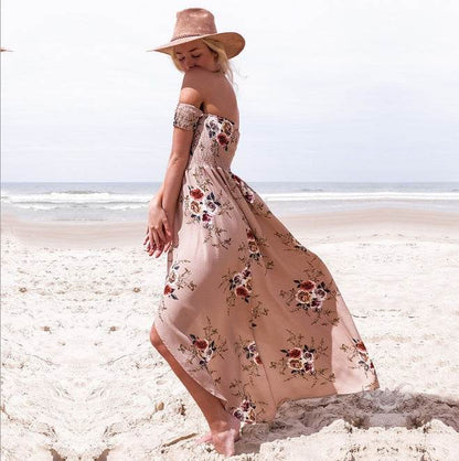 Elegant Ladies Summer Boho Vacation Resort Slit Maxi dress off shoulder Long floral Beach summer slit dress - www.Shopthatapp.com