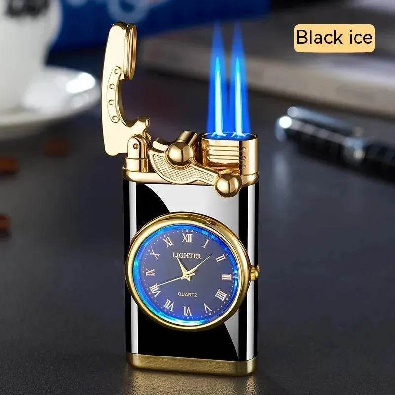 New Lighter With Electric Watch Rocker Arm Automatic Ignition Straight Blue Flame Lighter Creative Real Dial Inflatable Windproof Cigar Lighter Men's Watch Gift - www.Shopthatapp.com