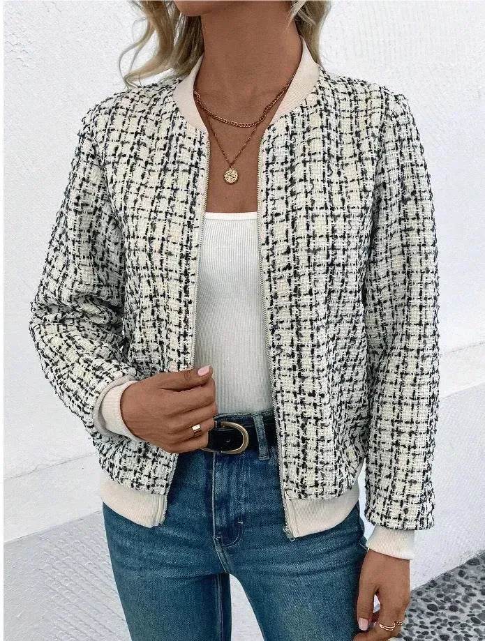 Autumn Winter Casual Long Sleeve plaid Houndstooth  zipper outwear jacket women - www.Shopthatapp.com