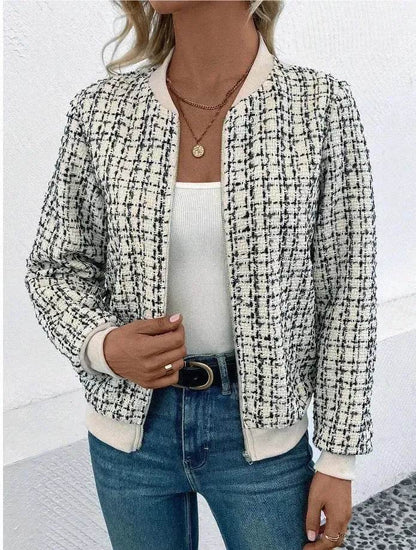 Autumn Winter Casual Long Sleeve plaid Houndstooth  zipper outwear jacket women - www.Shopthatapp.com