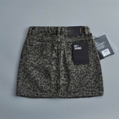 Leopard Print Mini Denim Skirt Women's High Waist Pencil Skirt - www.Shopthatapp.com