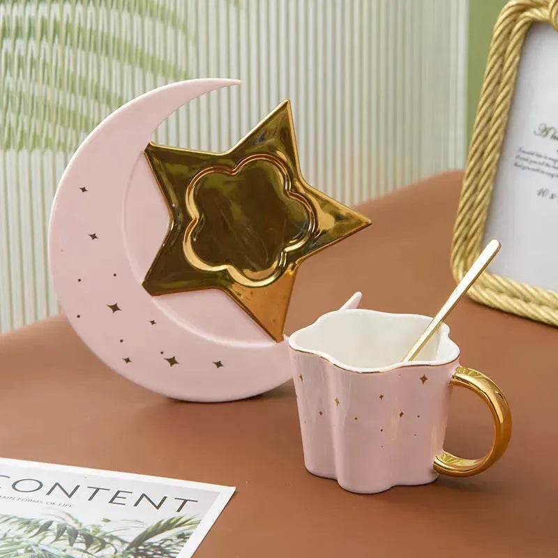 4pc set Creative Porcelain Ceramic Coffee Cup With Star And Moon Saucer - www.Shopthatapp.com