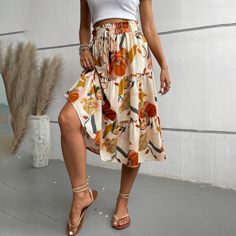 Women's Floral Tiered Midi Skirt Elastic Waist Dressy Casual A-line Flowy Boho Skirts - www.Shopthatapp.com