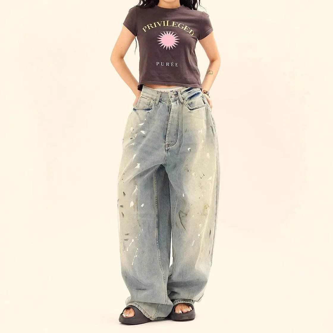 Washed Distressed Casual Loose Wide-leg Baggy Jeans Pant Splash-ink Design Slimming Unisex Style Mop Pants Men And Women - www.Shopthatapp.com